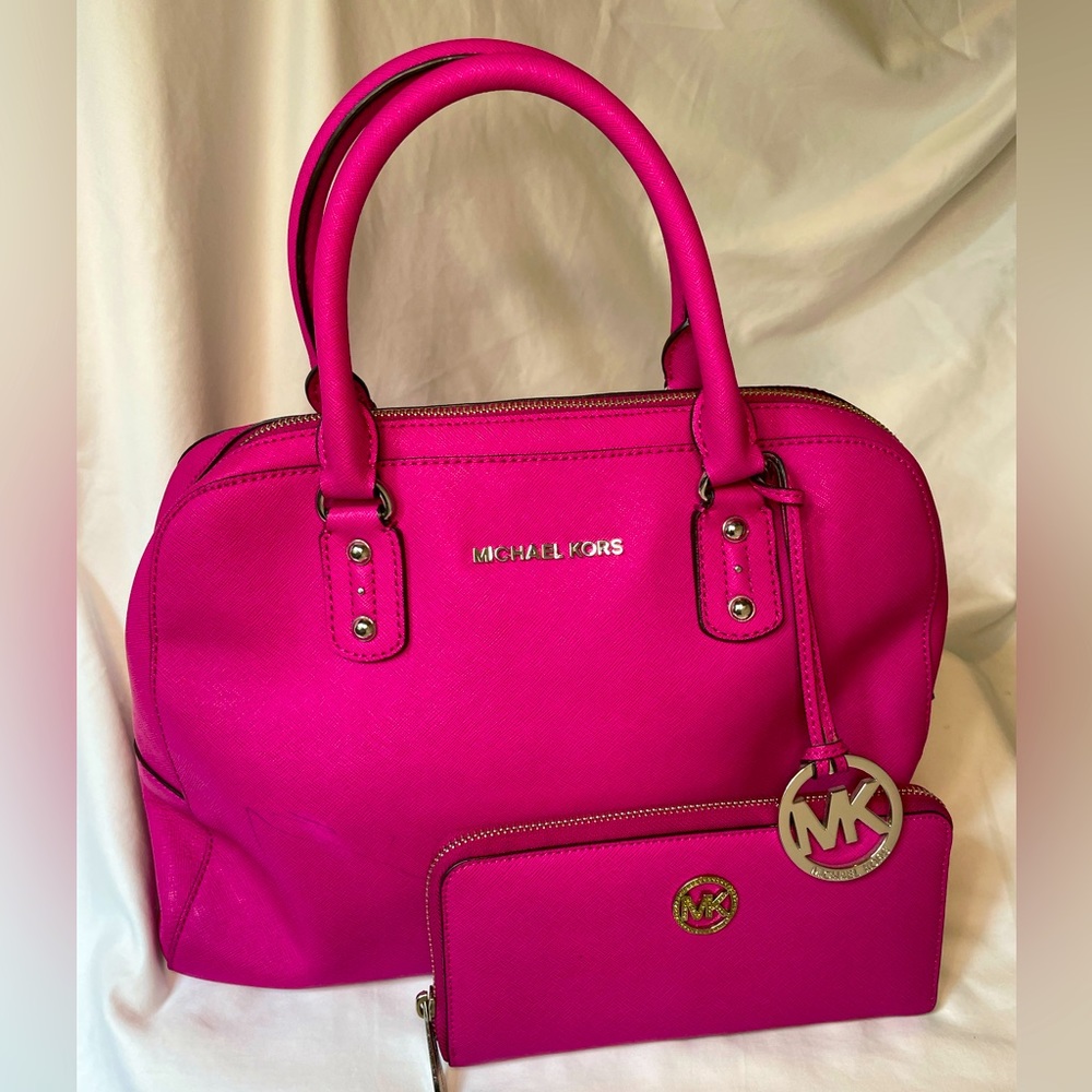 Michael Kors Fuchsia Cindy Dome Satchel w/ MK Fuchsia leather zip around wallet